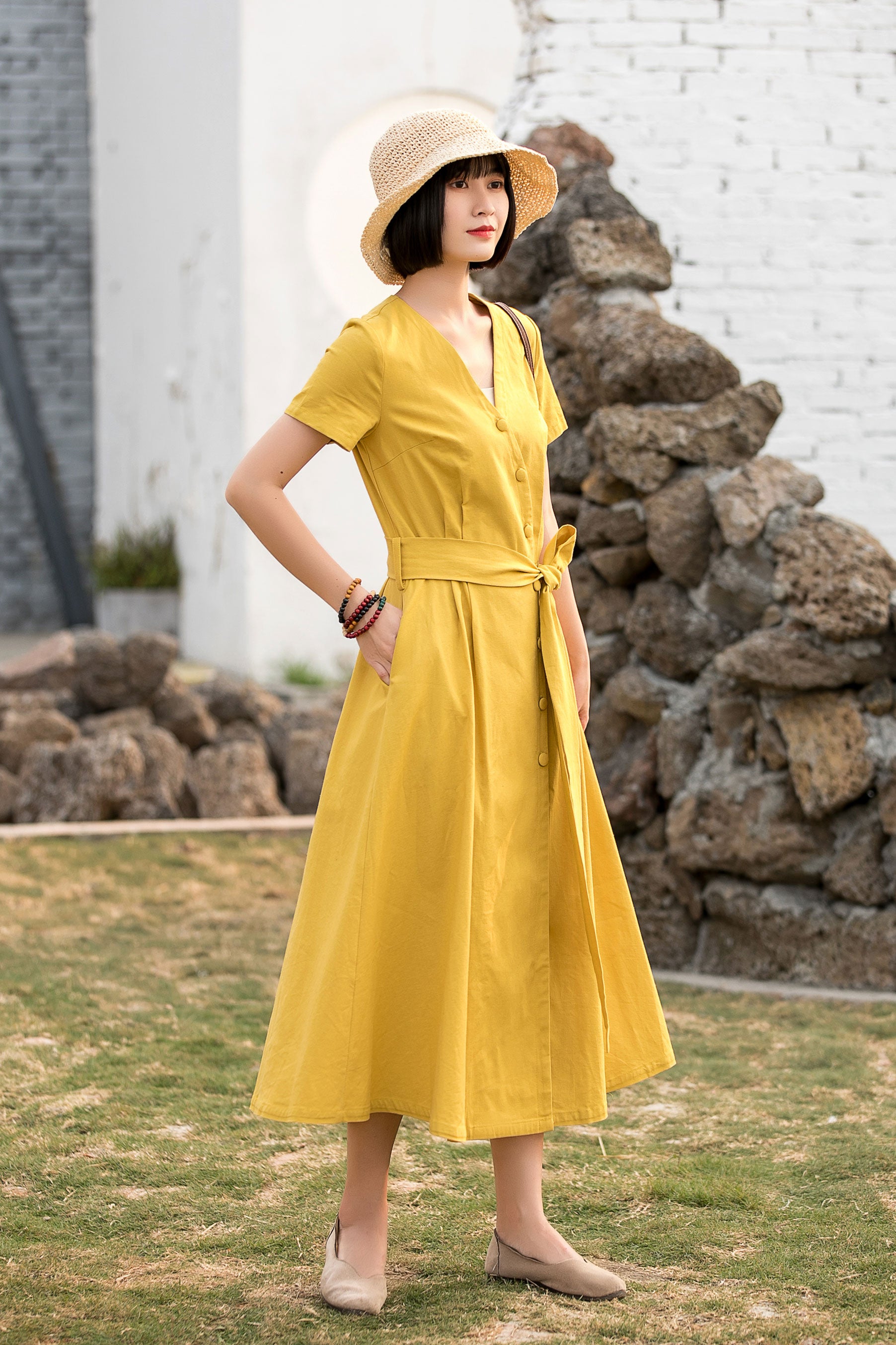 Yellow Cotton Linen Midi Dress with V-Neck Wrap and Belt