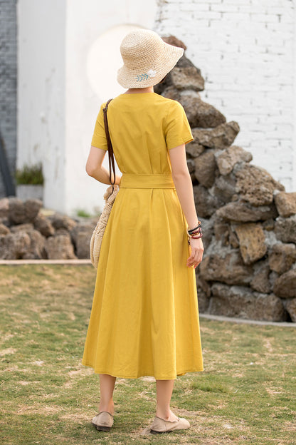 Yellow Cotton Linen Midi Dress - V-Neck Wrap with Belt 2803
