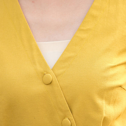 Yellow Cotton Linen Midi Dress - V-Neck Wrap with Belt 2803