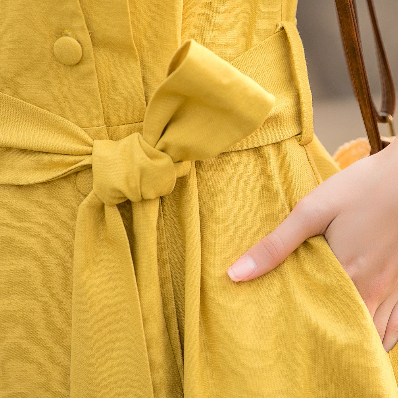 Yellow short sleeve V linen wrap dress with belt 2803 Xiaolizi Yellow short sleeve V linen wrap dress with belt 2803 Xiaolizi