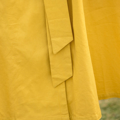 Yellow Cotton Linen Midi Dress - V-Neck Wrap with Belt 2803