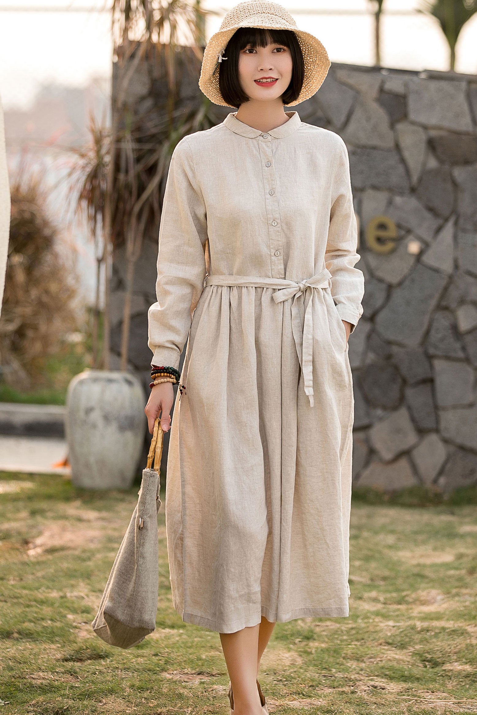 midi dress katun linen Beige Cotton with Pleated Swing Skirt and Waist Tie – Xiaolizi size:4 structured silhouette through the color-fow210-white Monifa Short Infinity Dress