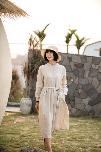 Beige Cotton Linen Midi Dress - Pleated Swing, Button-Up Waist Tie 280501
