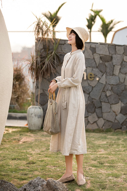 Beige Cotton Linen Midi Dress - Pleated Swing, Button-Up Waist Tie 280501