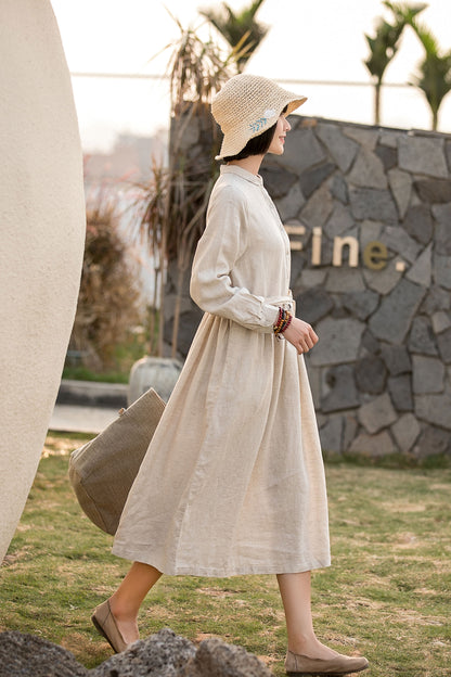 Beige Cotton Linen Midi Dress - Pleated Swing, Button-Up Waist Tie 280501