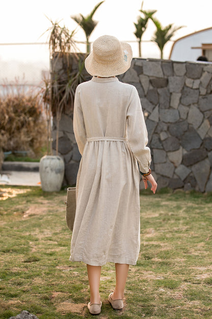 Beige Cotton Linen Midi Dress - Pleated Swing, Button-Up Waist Tie 280501