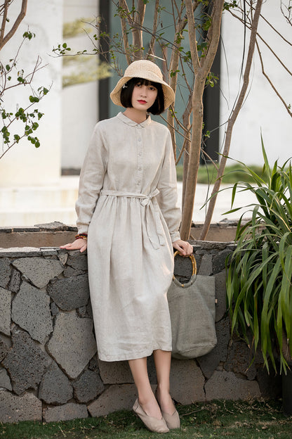 Beige Cotton Linen Midi Dress - Pleated Swing, Button-Up Waist Tie 280501
