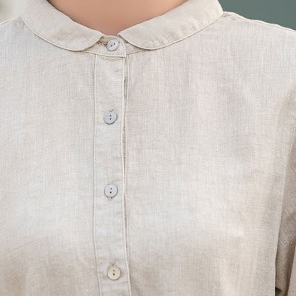 Beige Cotton Linen Midi Dress - Pleated Swing, Button-Up Waist Tie 280501