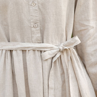 Beige Cotton Linen Midi Dress - Pleated Swing, Button-Up Waist Tie 280501