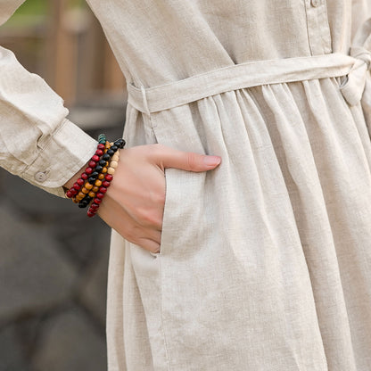 Beige Cotton Linen Midi Dress - Pleated Swing, Button-Up Waist Tie 280501