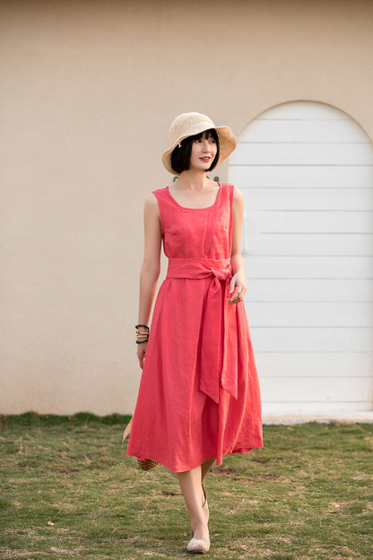 Red Cotton Linen Midi Dress - Sleeveless Pleated with Belt Waist 280201
