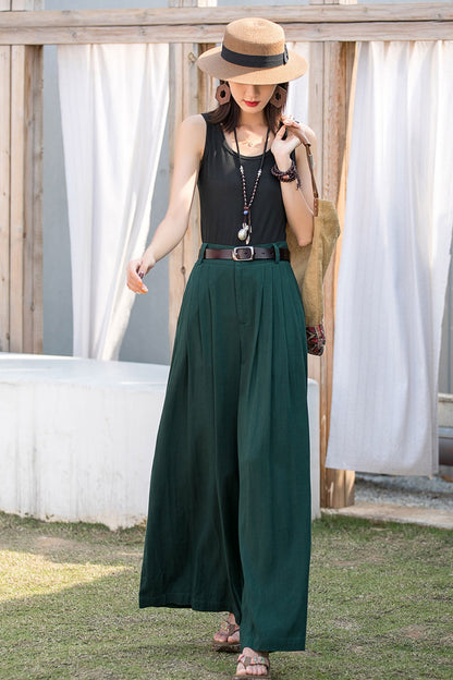 Women Summer Green Linen Pants 2881