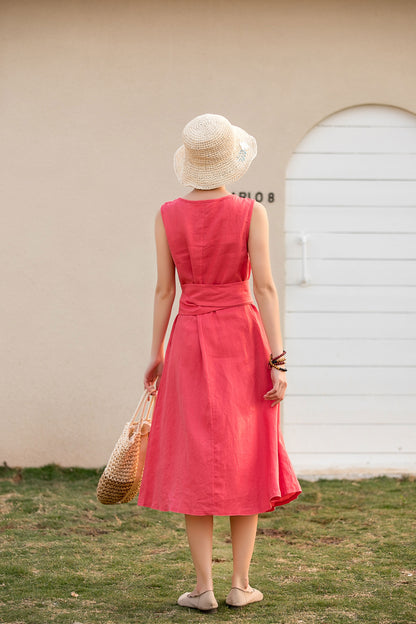 Red Cotton Linen Midi Dress - Sleeveless Pleated with Belt Waist 280201