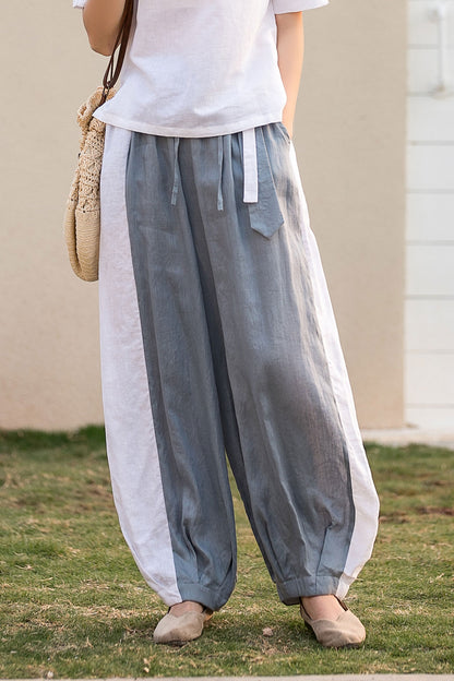Grey Linen Pants - Casual Drawstring Waist, Ankle Length 280702