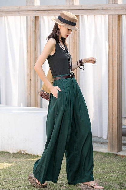 Women Summer Green Linen Pants 2881