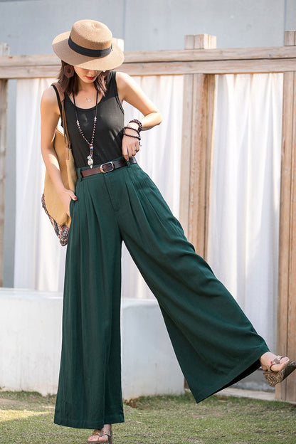 Women Summer Green Linen Pants 2881