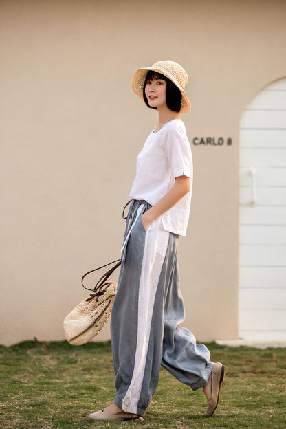 Grey Linen Pants - Casual Drawstring Waist, Ankle Length 280702