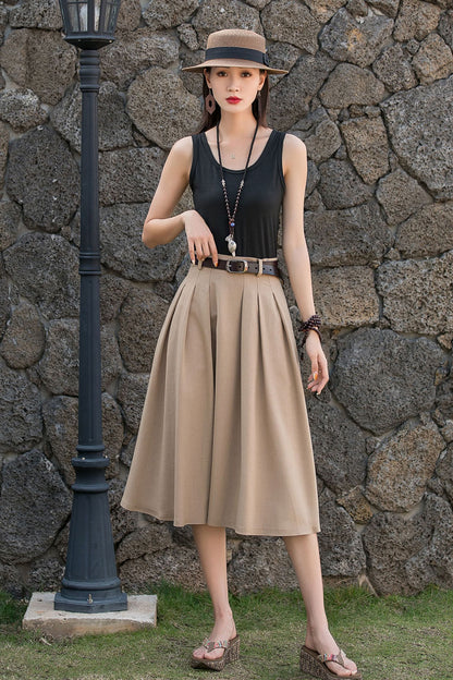 Khaki Linen Cotton A-Line Midi Skirt - Pleated with Pockets 2882