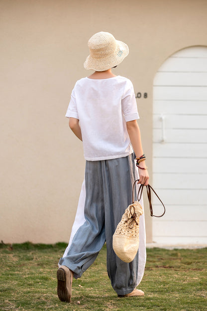 Grey Linen Pants - Casual Drawstring Waist, Ankle Length 280702