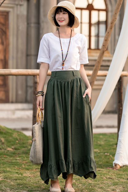 Green Linen Skirt - Asymmetrical Pleated High Waist Circle 2808