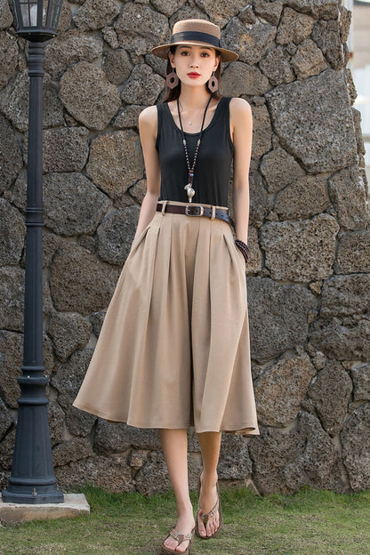 Navy Linen-Cotton A-Line Midi Skirt - Pleated High Waist with Pockets 2776