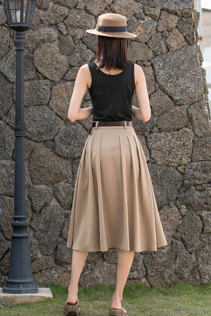 Navy Linen-Cotton A-Line Midi Skirt - Pleated High Waist with Pockets 2776