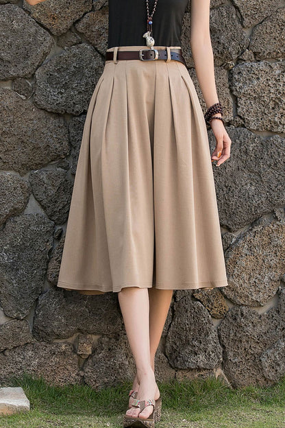 Navy Linen-Cotton A-Line Midi Skirt - Pleated High Waist with Pockets 2776