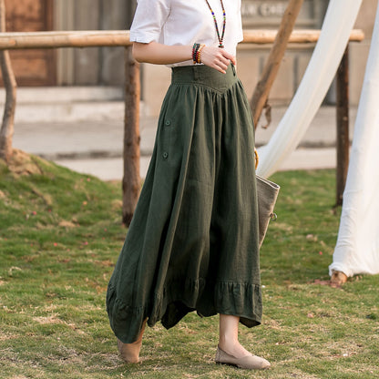 Army Green Linen Skirt - High Waist Pleated Asymmetrical Hem 2808