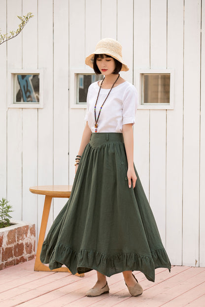 Army Green Linen Skirt - High Waist Pleated Asymmetrical Hem 2808