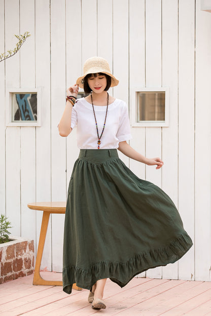 Green Linen Skirt - Asymmetrical Pleated High Waist Circle 2808