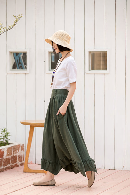 Army Green Linen Skirt - High Waist Pleated Asymmetrical Hem 2808