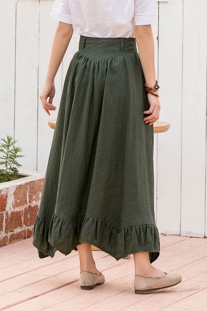 Green Linen Skirt - Asymmetrical Pleated High Waist Circle 2808