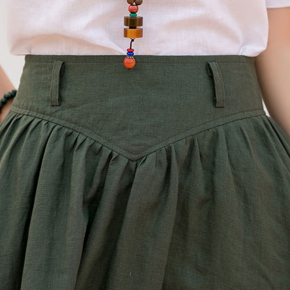 Green Linen Skirt - Asymmetrical Pleated High Waist Circle 2808