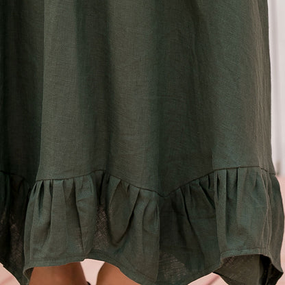 Green Linen Skirt - Asymmetrical Pleated High Waist Circle 2808