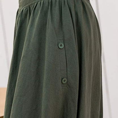 Green Linen Skirt - Asymmetrical Pleated High Waist Circle 2808