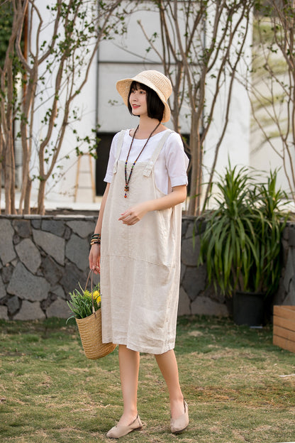 Beige Cotton Linen Apron Dress - Adjustable Strap Midi with Pockets 2809