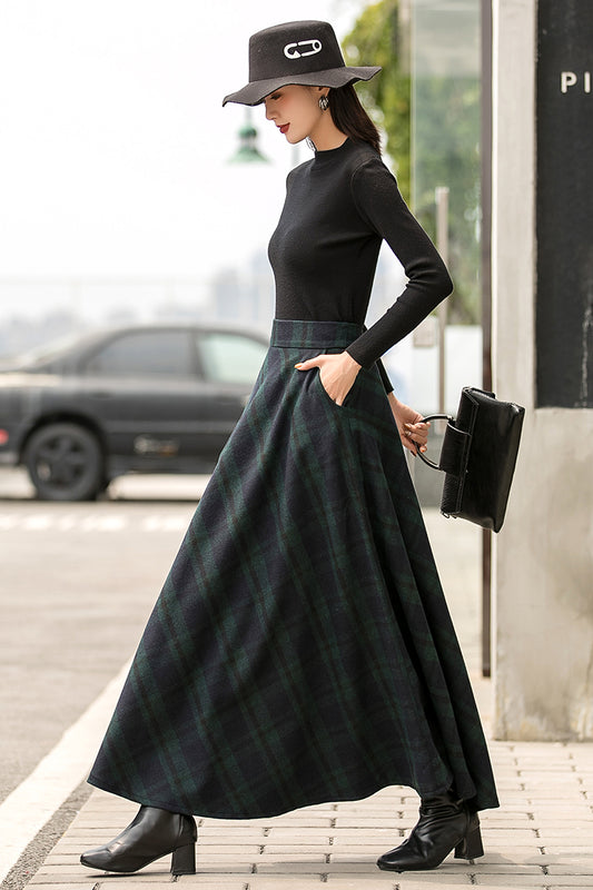 Dark Green Plaid Wool Maxi Skirt – Vintage High Waist Winter Skirt with Pockets 2836