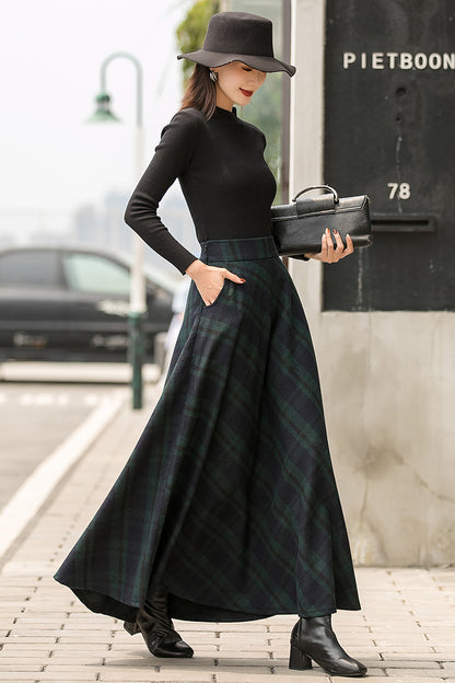 Dark Green Plaid Wool Maxi Skirt – Vintage High Waist Winter Skirt with Pockets 2836