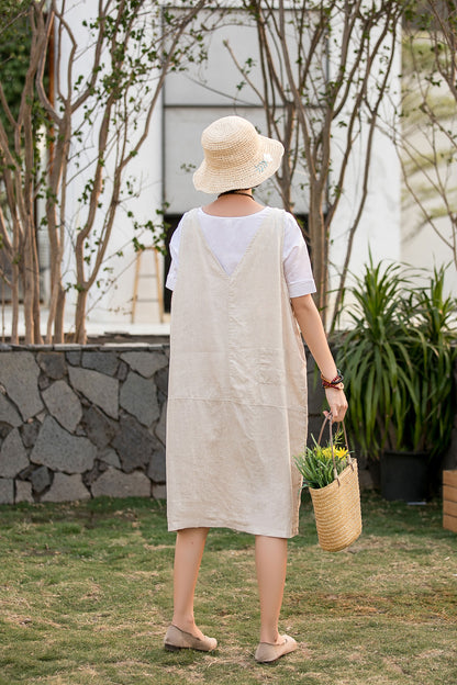 Beige Cotton Linen Apron Dress - Adjustable Strap Midi with Pockets 2809