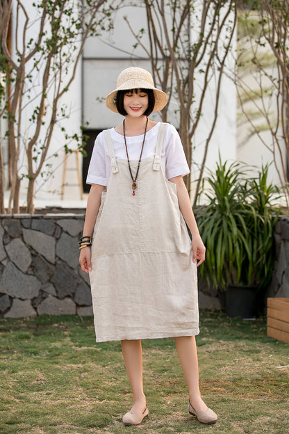 Beige Cotton Linen Apron Dress - Adjustable Strap Midi with Pockets 2809
