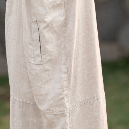 Beige Cotton Linen Apron Dress - Adjustable Strap Midi with Pockets 2809