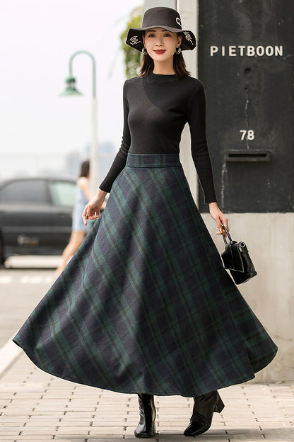 Dark Green Plaid Wool Maxi Skirt – Vintage High Waist Winter Skirt with Pockets 2836