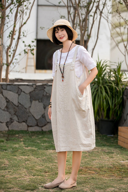 Beige Cotton Linen Apron Dress - Adjustable Strap Midi with Pockets 2809