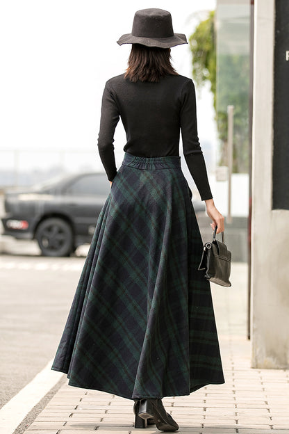 Dark Green Plaid Wool Maxi Skirt – Vintage High Waist Winter Skirt with Pockets 2836