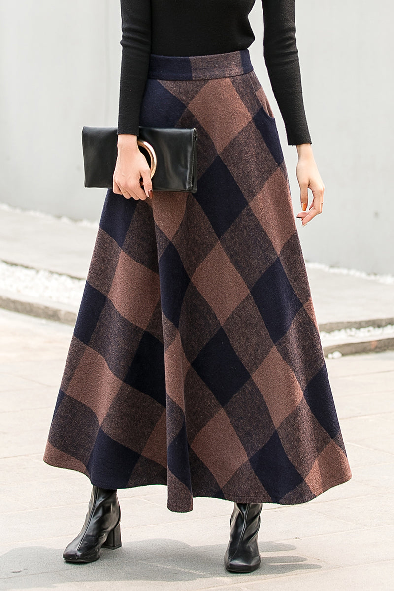 Women Casual Plaid Wool Maxi Skirt 2837#