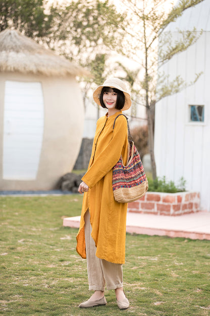Yellow Linen Cotton Shirt Blouse - High Low Hem, Button-Up 2813