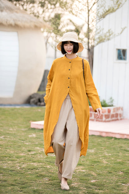 Yellow Linen Cotton Shirt Blouse - High Low Hem, Button-Up 2813