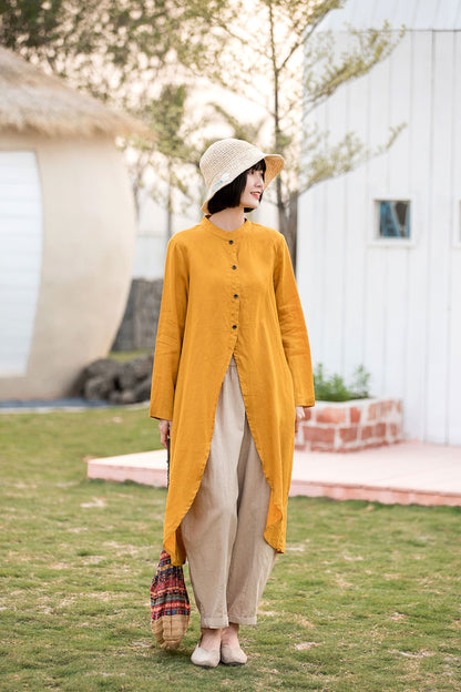 Yellow Linen Cotton Shirt Blouse - High Low Hem, Button-Up 2813