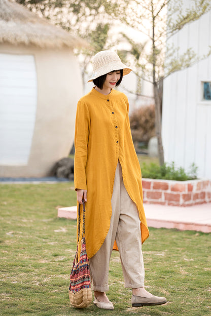 Yellow Linen Cotton Shirt Blouse - High Low Hem, Button-Up 2813