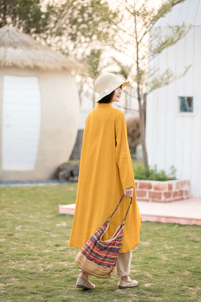 Yellow Linen Cotton Shirt Blouse - High Low Hem, Button-Up 2813